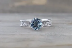 14k White Gold Round Cut Aquamarine Vintage Filigree Engagement Promise Ring Rope