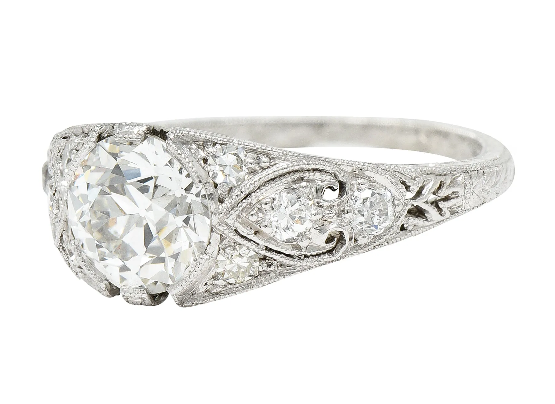 1923 Art Deco 1.34 CTW Diamond Platinum Scrolled Wheat Vintage Engagement Ring GIA