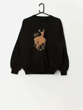 90s vintage deer embroidered sweatshirt in black – Large