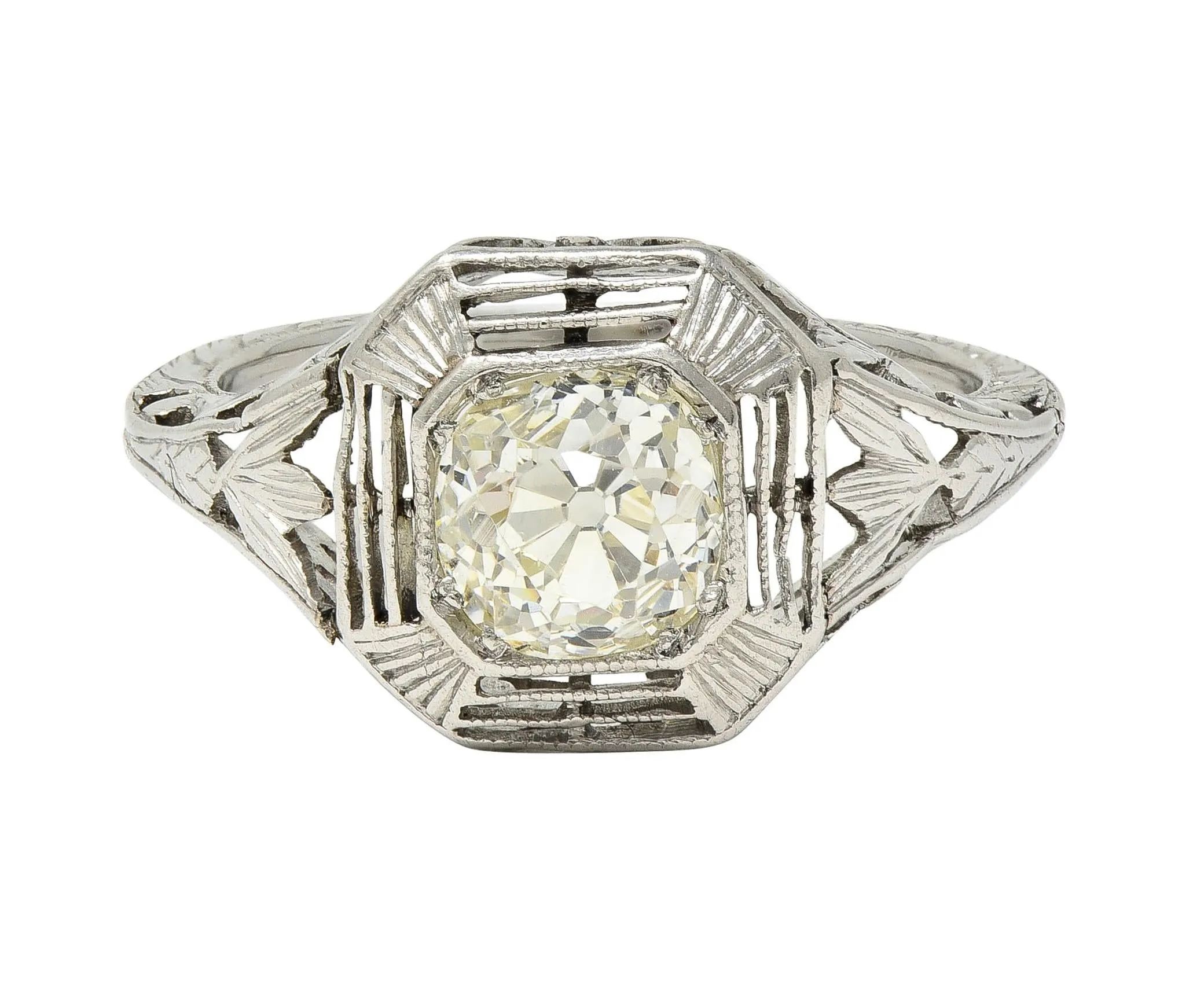 Art Deco 0.87 CTW Old Mine Cut Diamond Platinum Lotus Vintage Engagement Ring