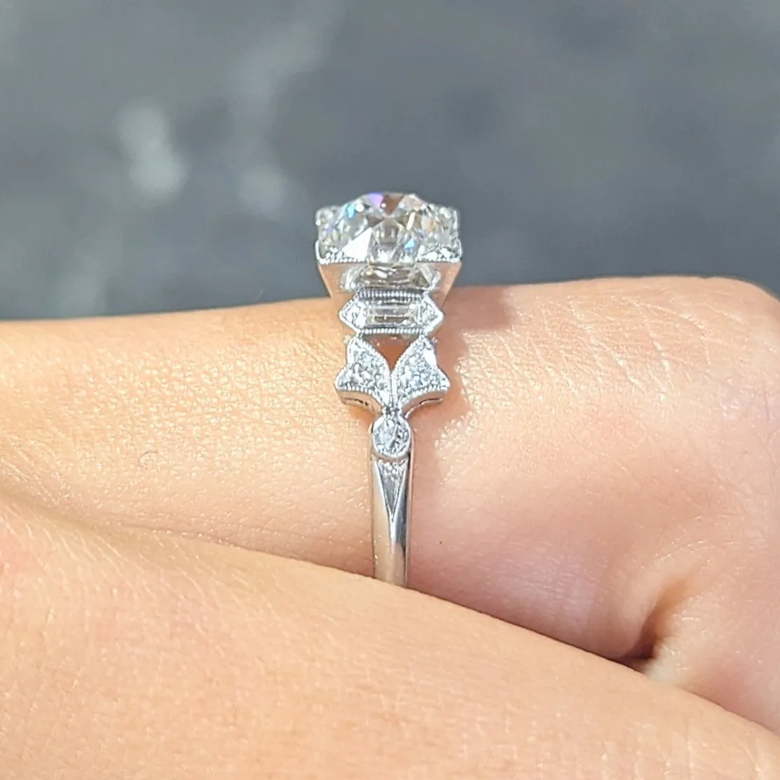 Art Deco 1.69 CTW Old European Diamond Platinum Foliate Vintage Engagement Ring