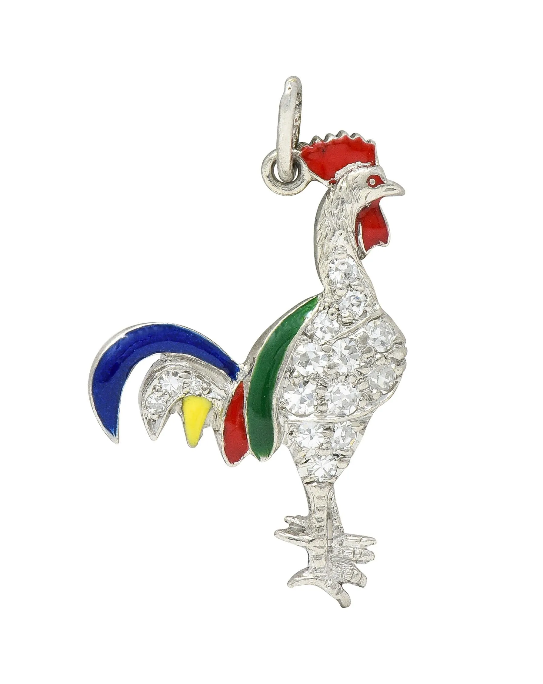 Art Deco Diamond Enamel Platinum Rooster Vintage Charm