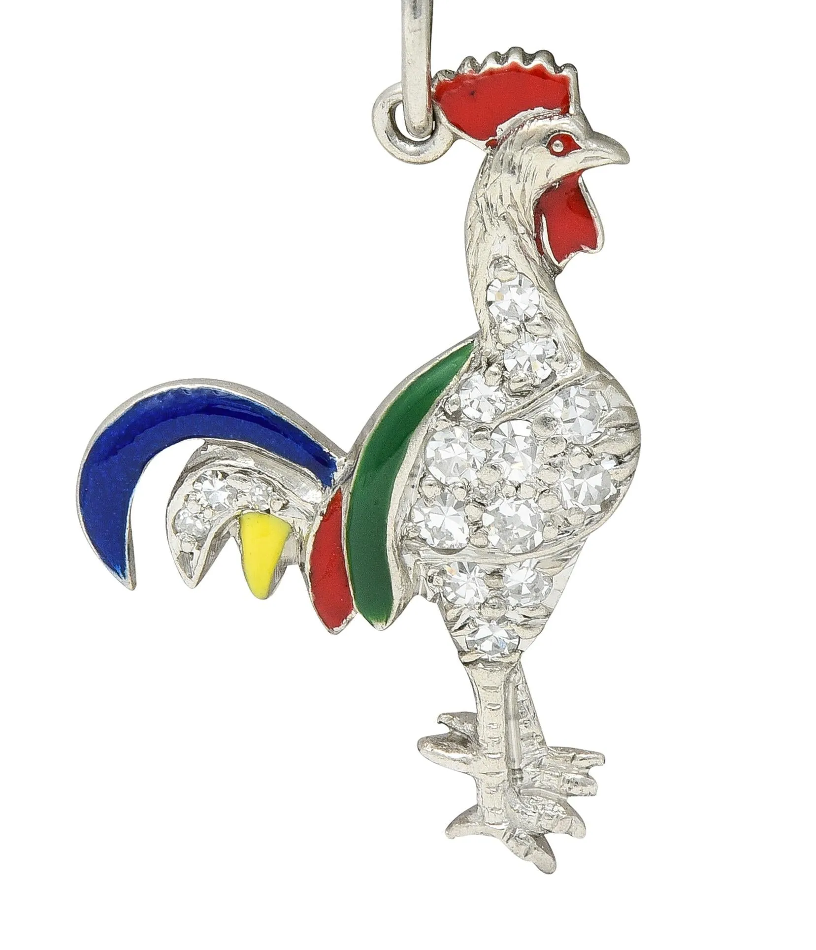 Art Deco Diamond Enamel Platinum Rooster Vintage Charm