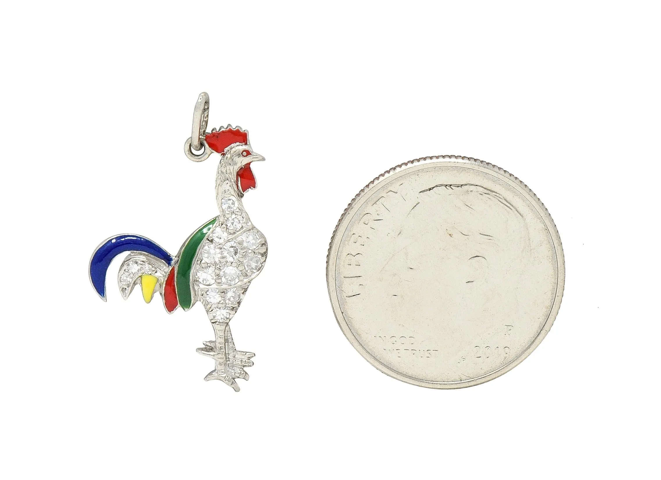 Art Deco Diamond Enamel Platinum Rooster Vintage Charm