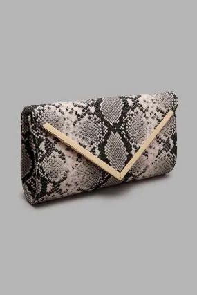 Beige And Black Croc Texture Clutch Bag