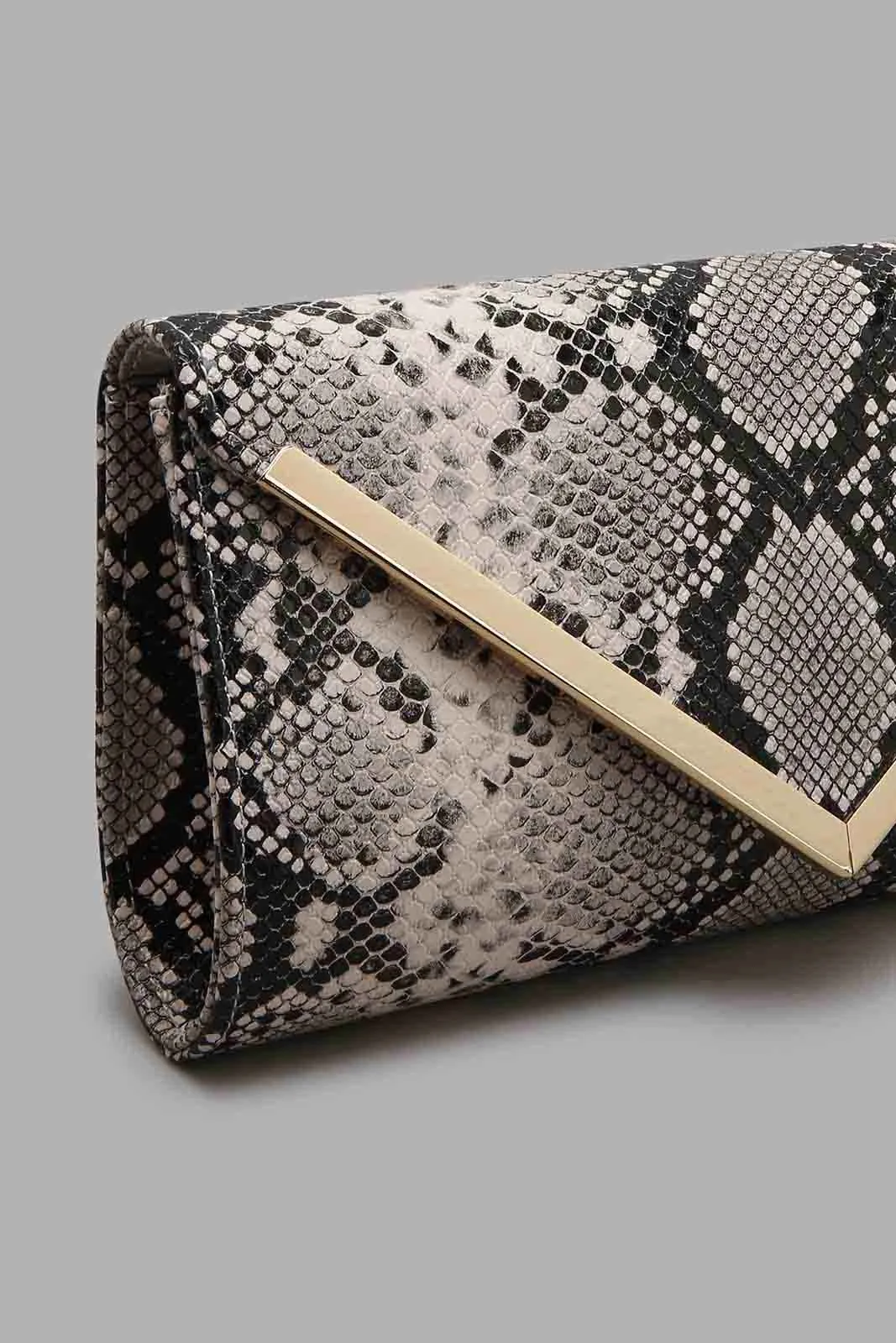 Beige And Black Croc Texture Clutch Bag