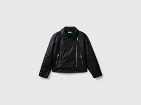 Biker jacket in imitation leather - Black | Benetton