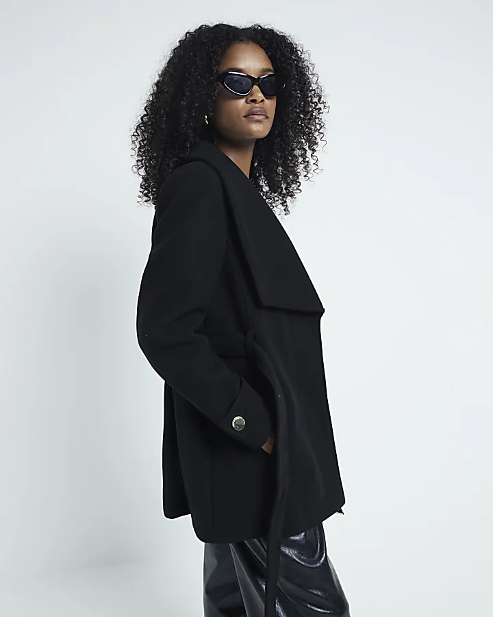 Black Short Belted Wrap Coat