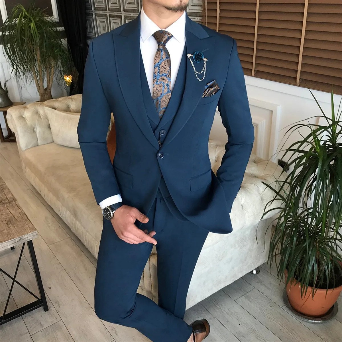 Bojoni Blue Slim-Fit Suit 3-Piece