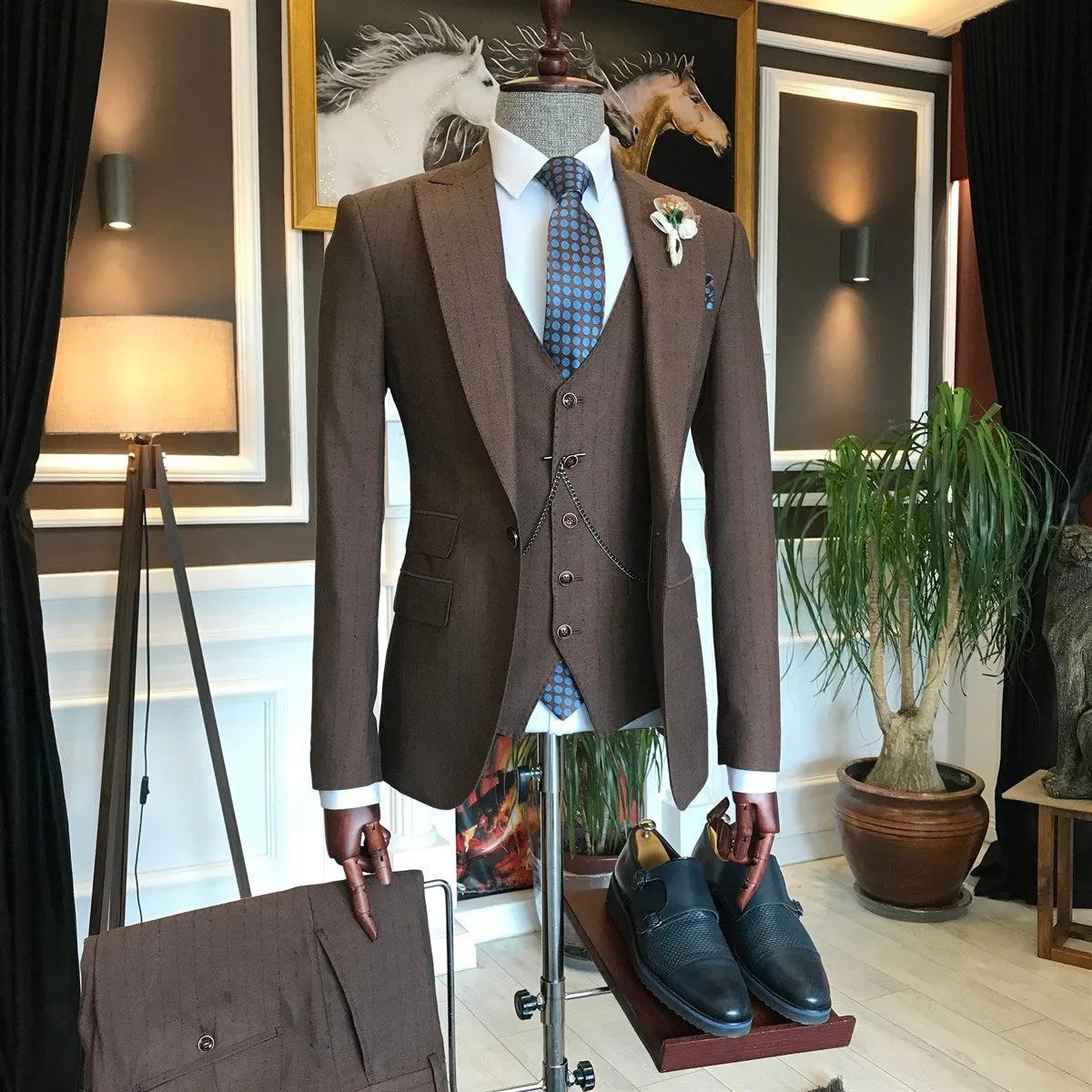 Bojoni Brown Striped Slim-Fit Suit 3-Piece