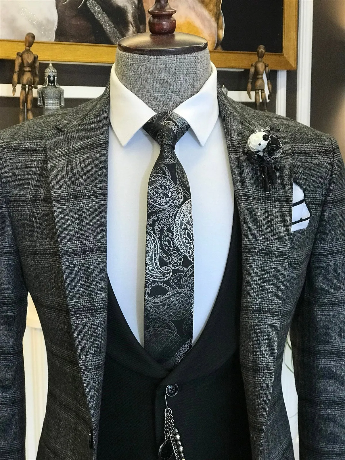 Bojoni Grey Plaid Slim-Fit Suit 3-Piece