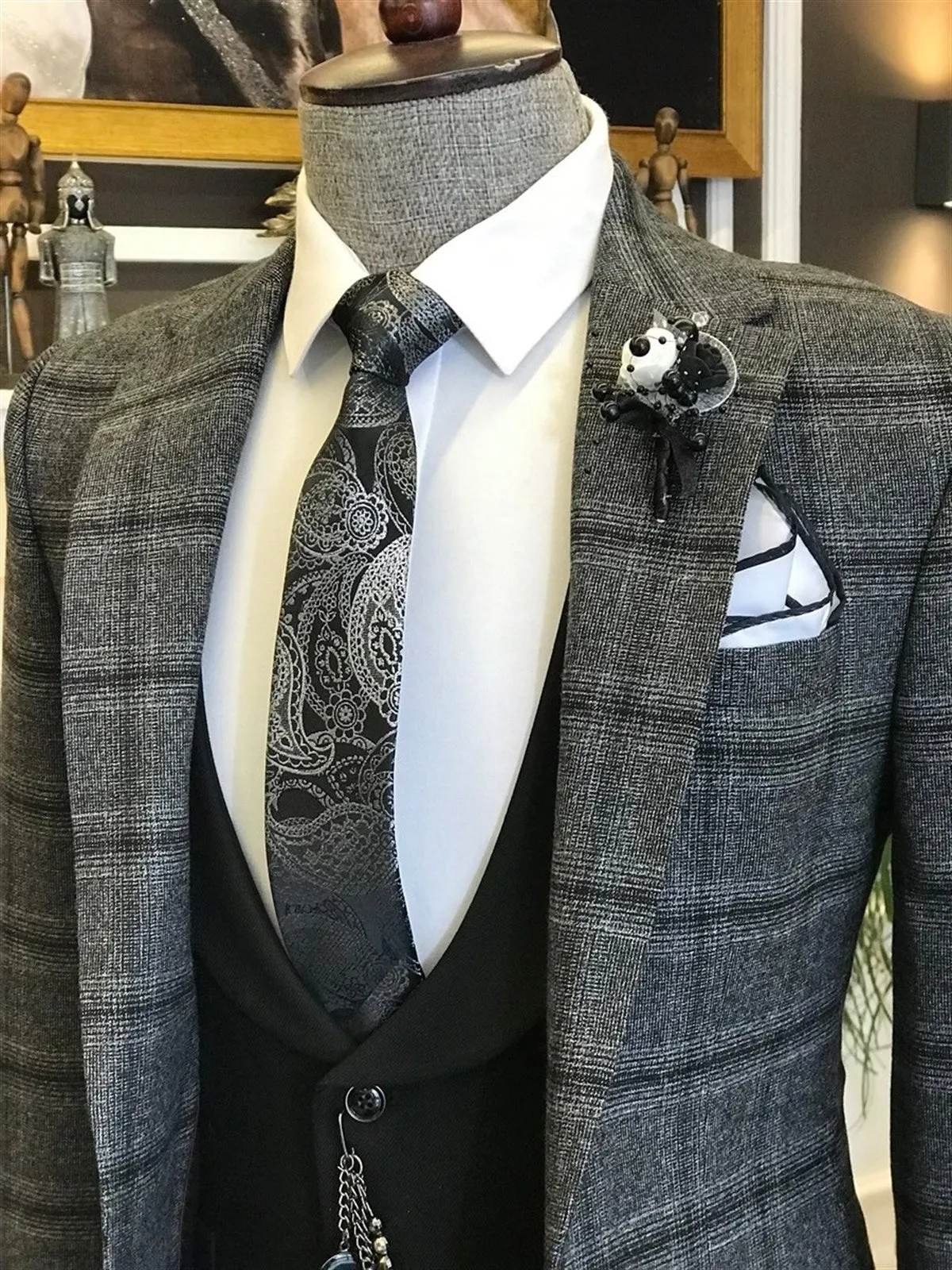 Bojoni Grey Plaid Slim-Fit Suit 3-Piece