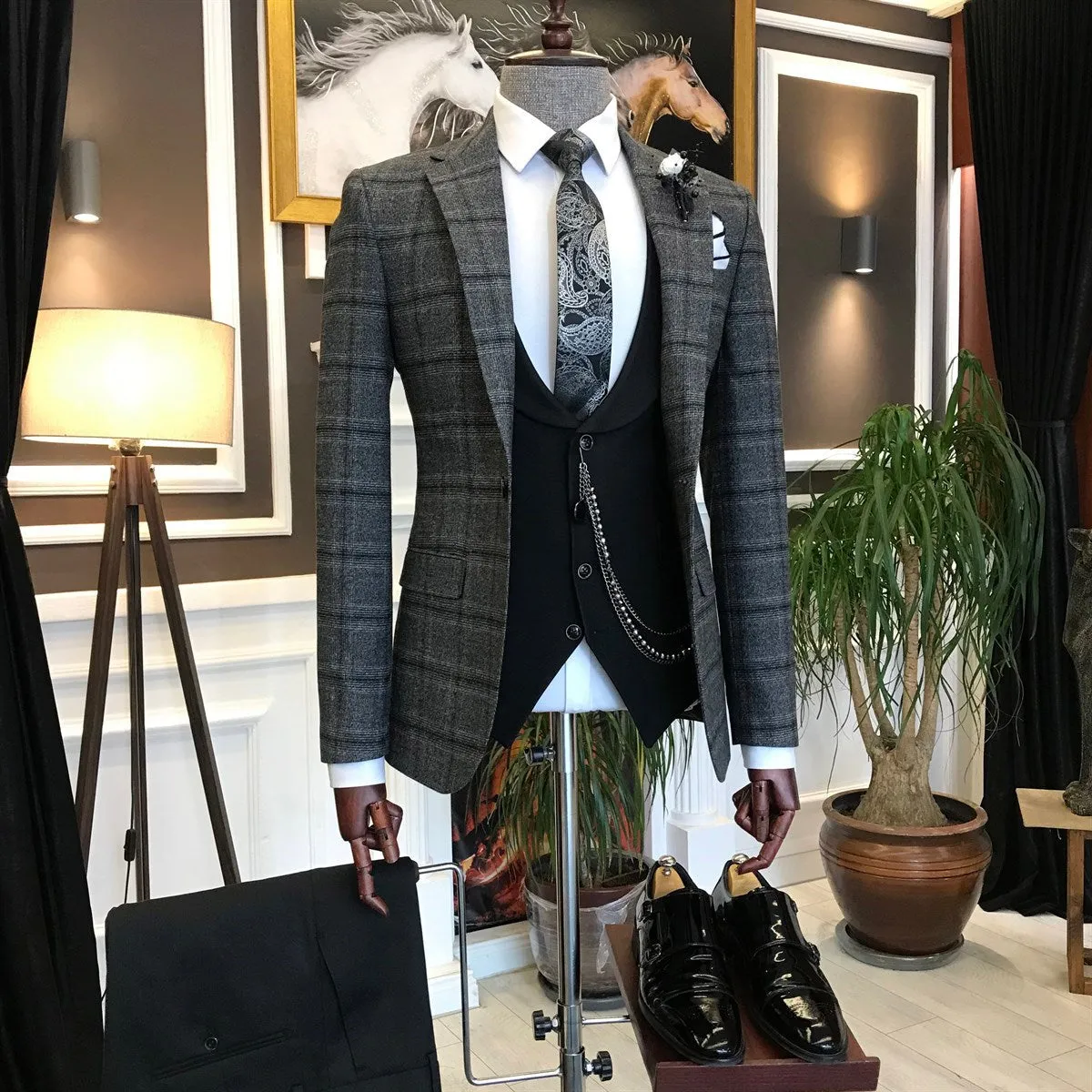 Bojoni Grey Plaid Slim-Fit Suit 3-Piece