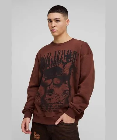 boohoo Mens Oversized Homme Skull Over Seams Graphic Sweatshirt