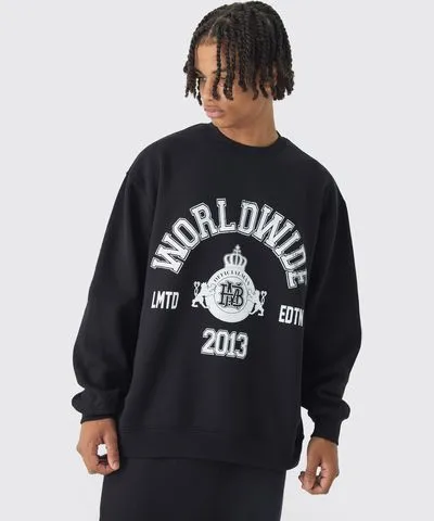 boohoo Mens Oversized Worldwide Slogan Sweatshirt