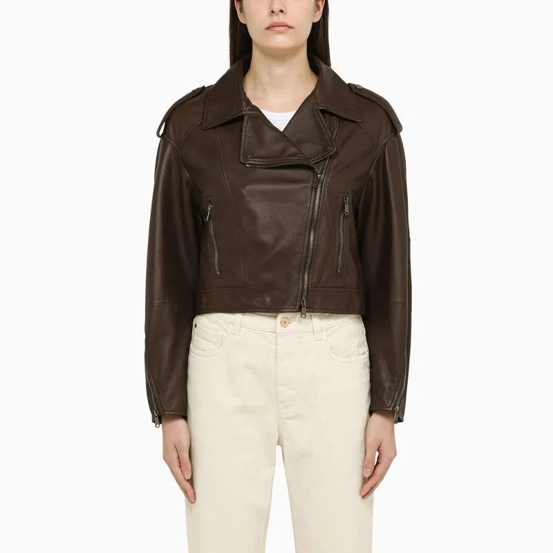 BRUNELLO CUCINELLI Dark Brown Lambskin Leather Jacket - SS24 Collection