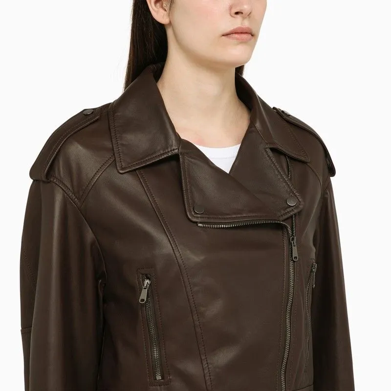 BRUNELLO CUCINELLI Dark Brown Lambskin Leather Jacket - SS24 Collection