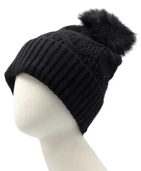 Cable Knit Hat w/ Faux Fur Pom