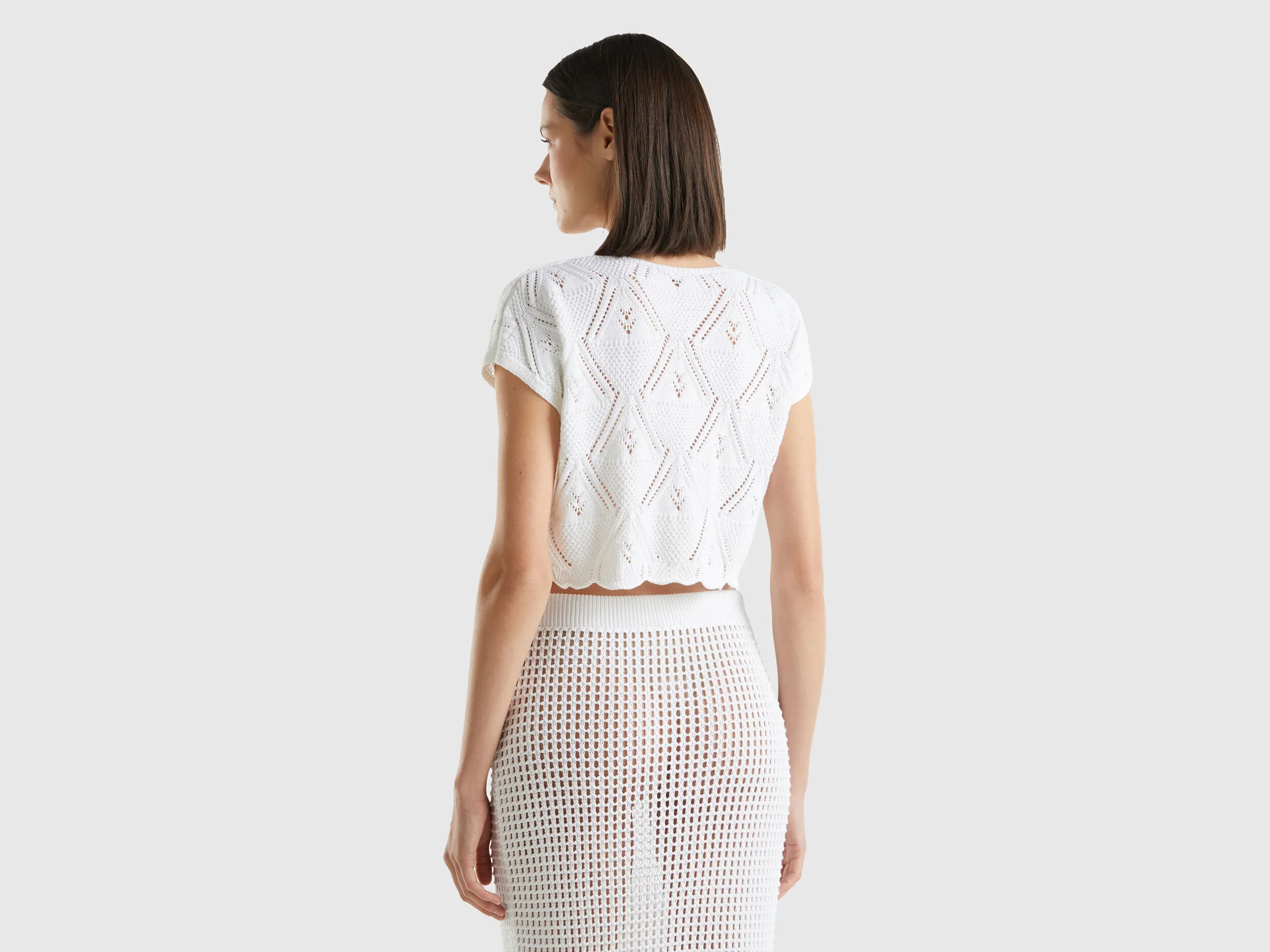 Cropped crochet sweater - White | Benetton