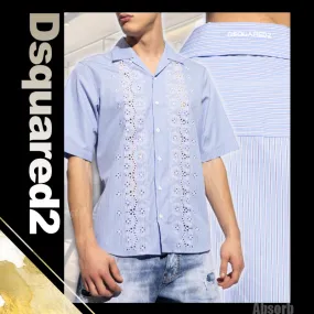 D SQUARED2  |Stripes Flower Patterns Cotton Short Sleeves Lace Luxury