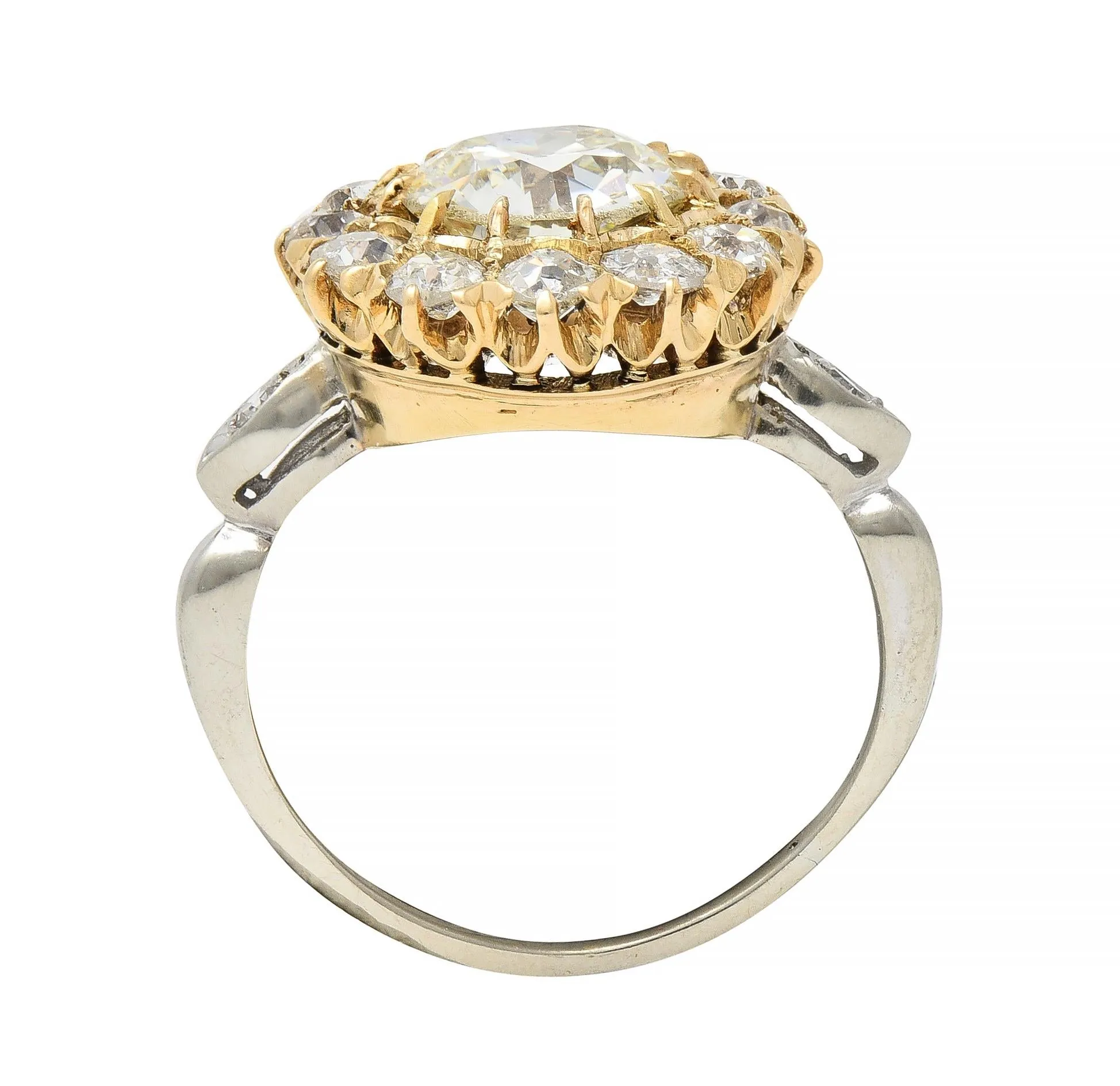 Early Art Deco 2.95 CTW Old European Cut Diamond 14 Karat Two-Tone Gold Vintage Cluster Ring