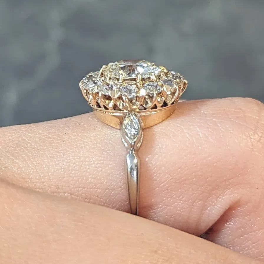 Early Art Deco 2.95 CTW Old European Cut Diamond 14 Karat Two-Tone Gold Vintage Cluster Ring