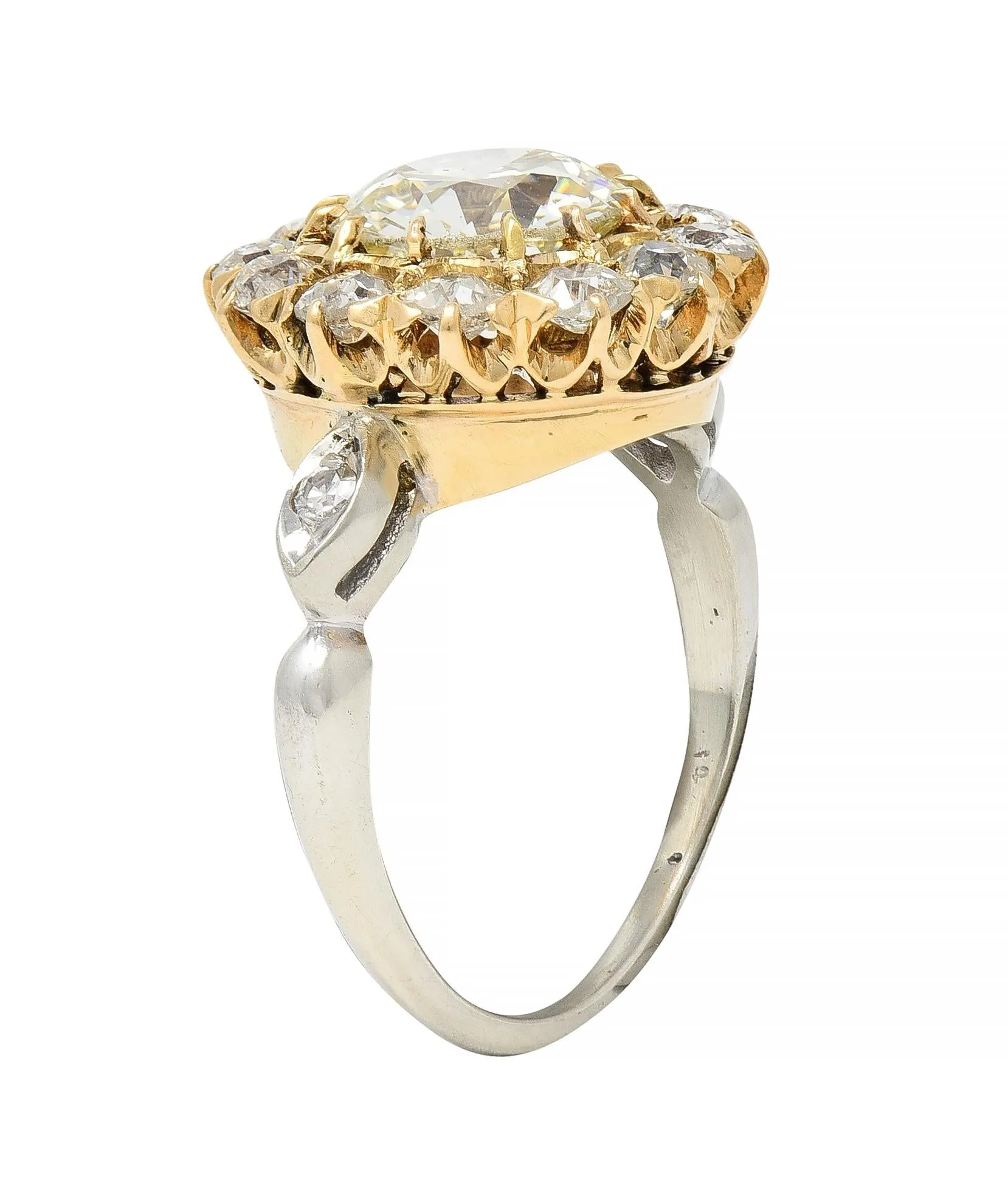 Early Art Deco 2.95 CTW Old European Cut Diamond 14 Karat Two-Tone Gold Vintage Cluster Ring