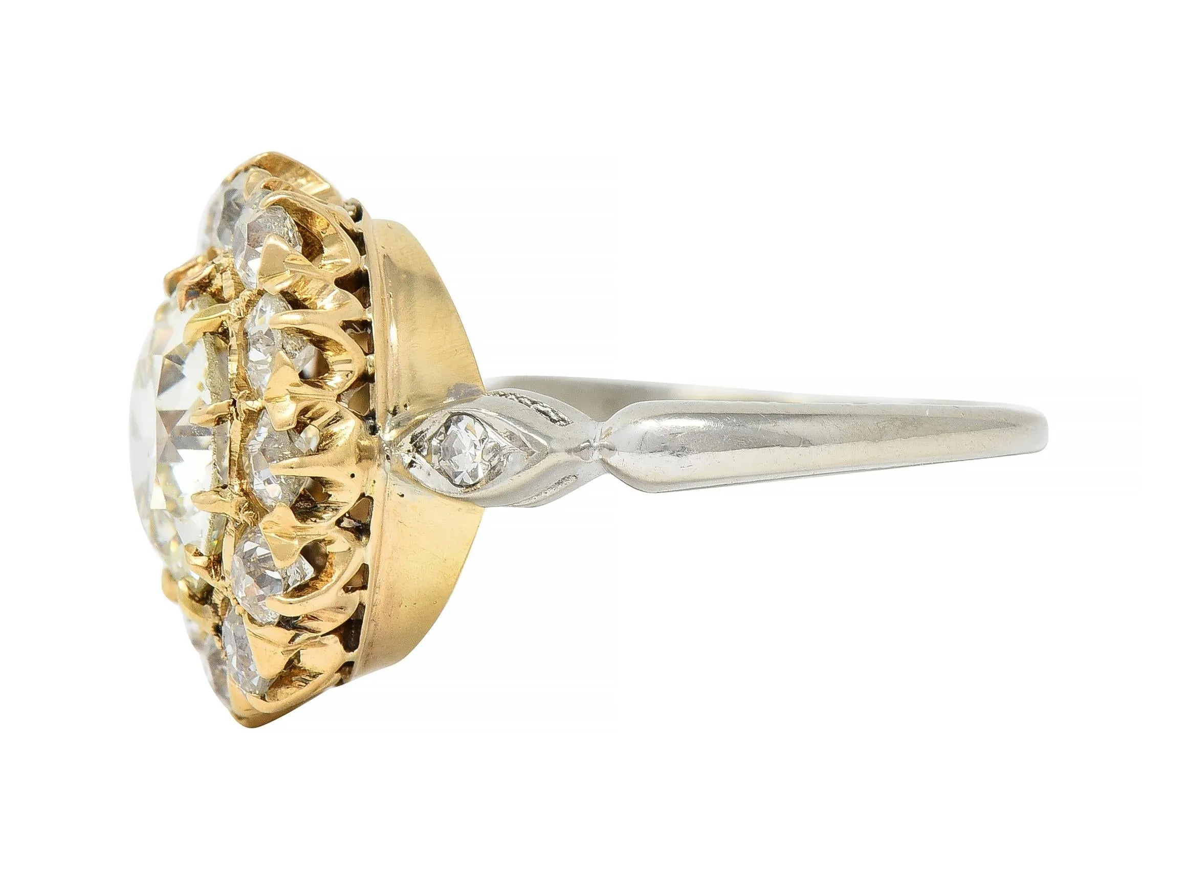 Early Art Deco 2.95 CTW Old European Cut Diamond 14 Karat Two-Tone Gold Vintage Cluster Ring