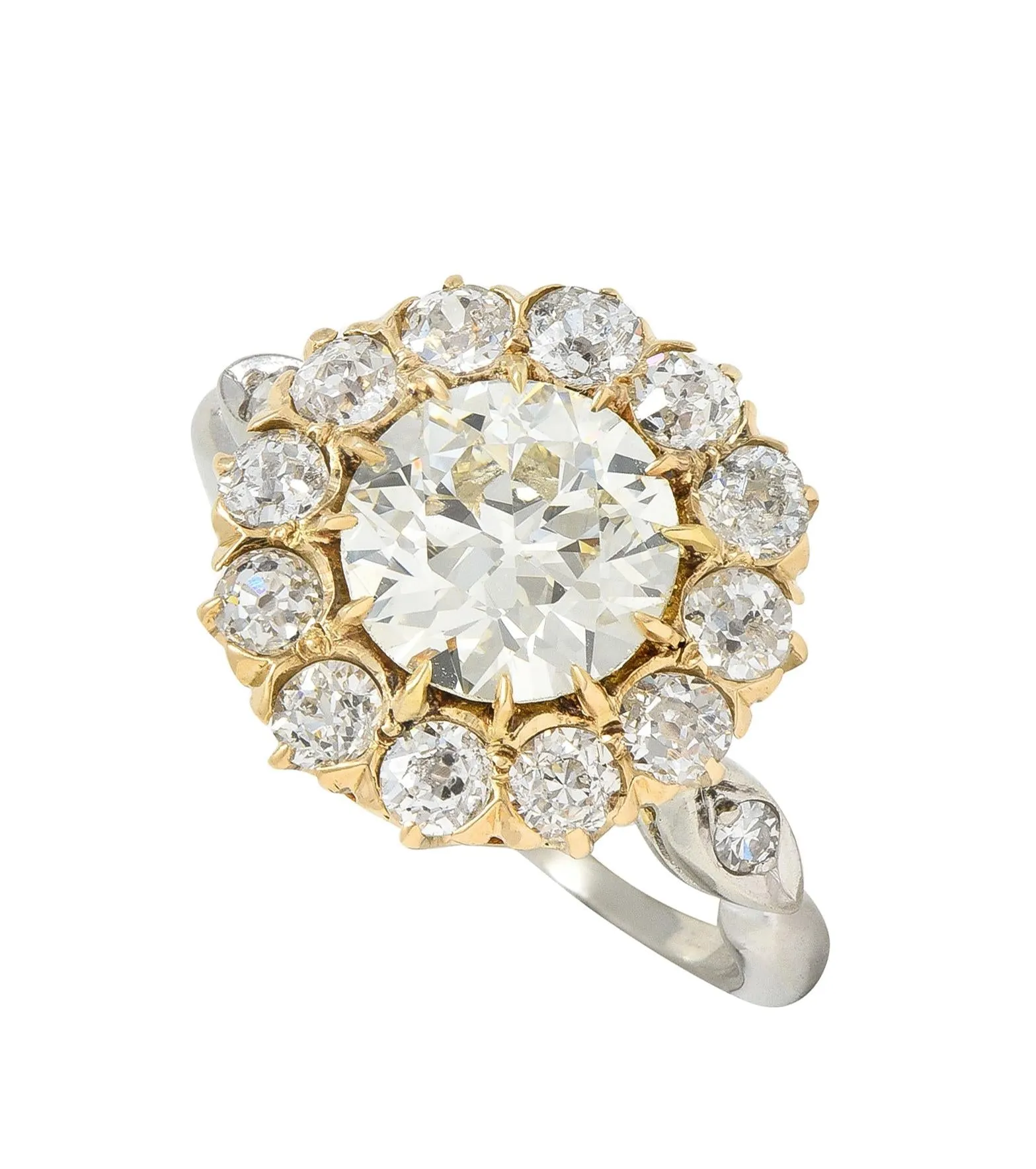 Early Art Deco 2.95 CTW Old European Cut Diamond 14 Karat Two-Tone Gold Vintage Cluster Ring