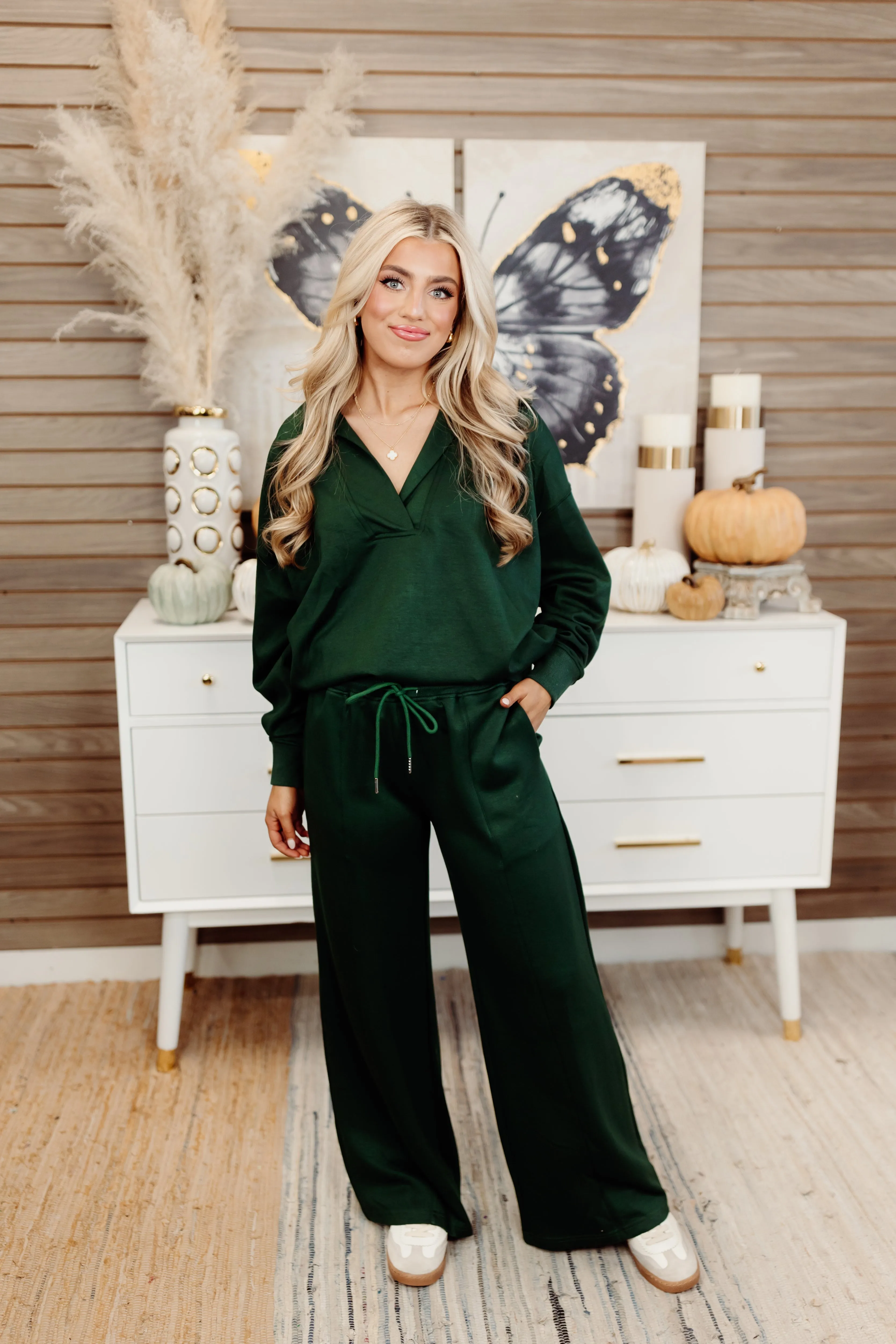 Evergreen Butter Soft Notch Neck Pullover and Pant Set