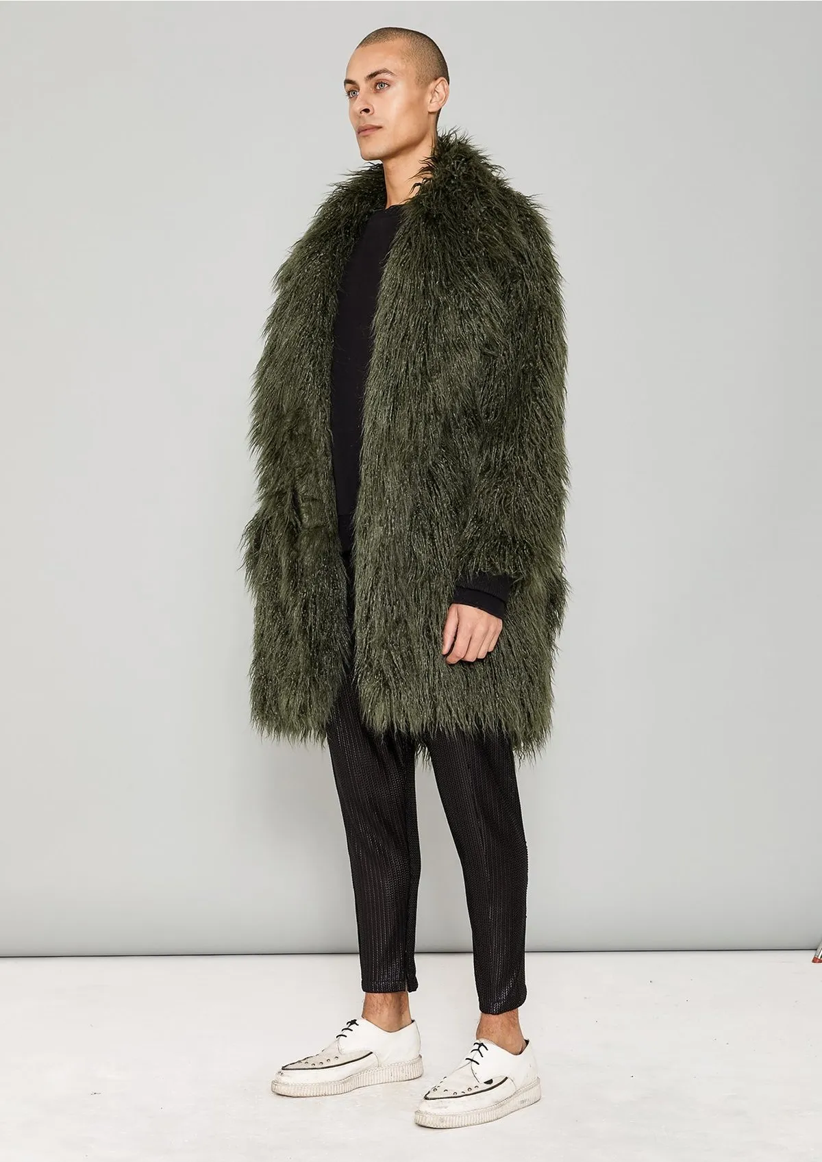 FAUX FUR SHAGGY COAT - dark green