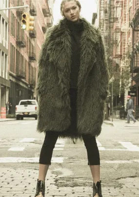 FAUX FUR SHAGGY COAT - dark green