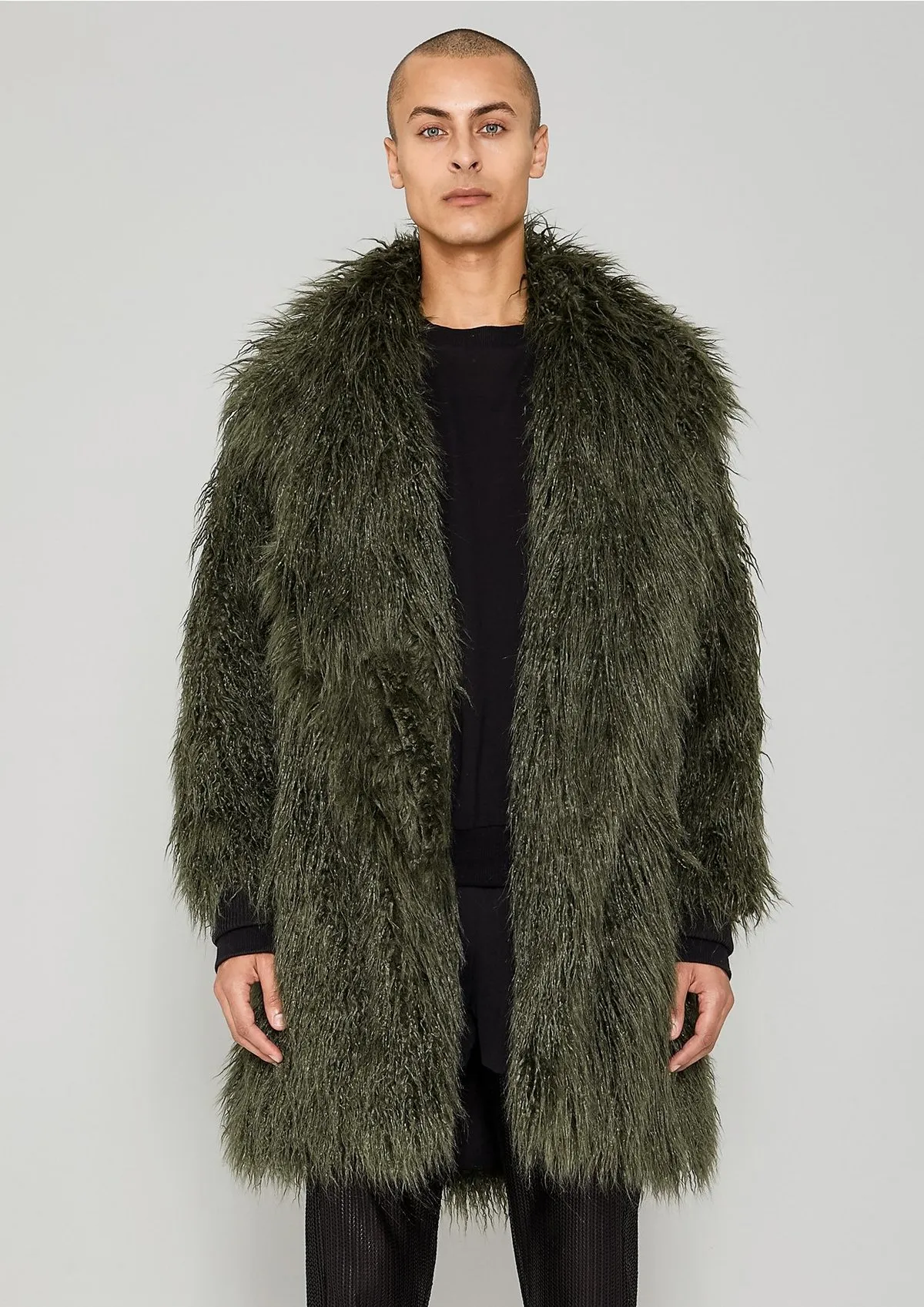 FAUX FUR SHAGGY COAT - dark green