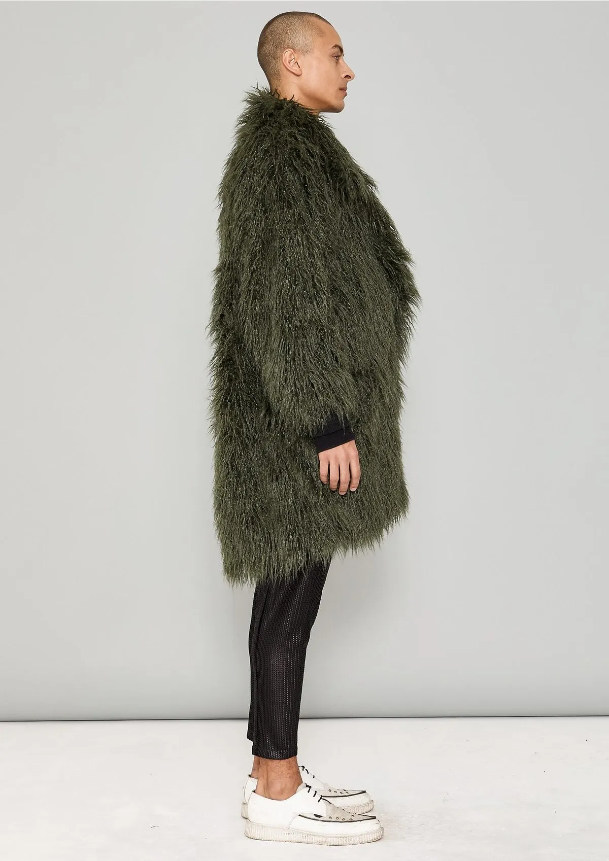 FAUX FUR SHAGGY COAT - dark green