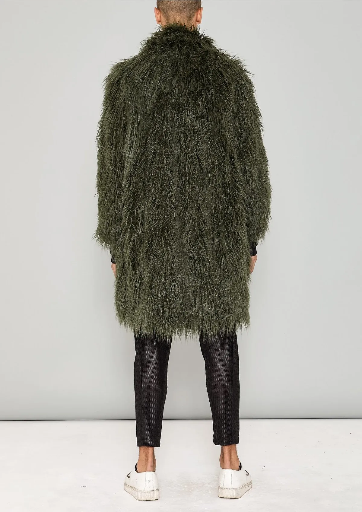 FAUX FUR SHAGGY COAT - dark green