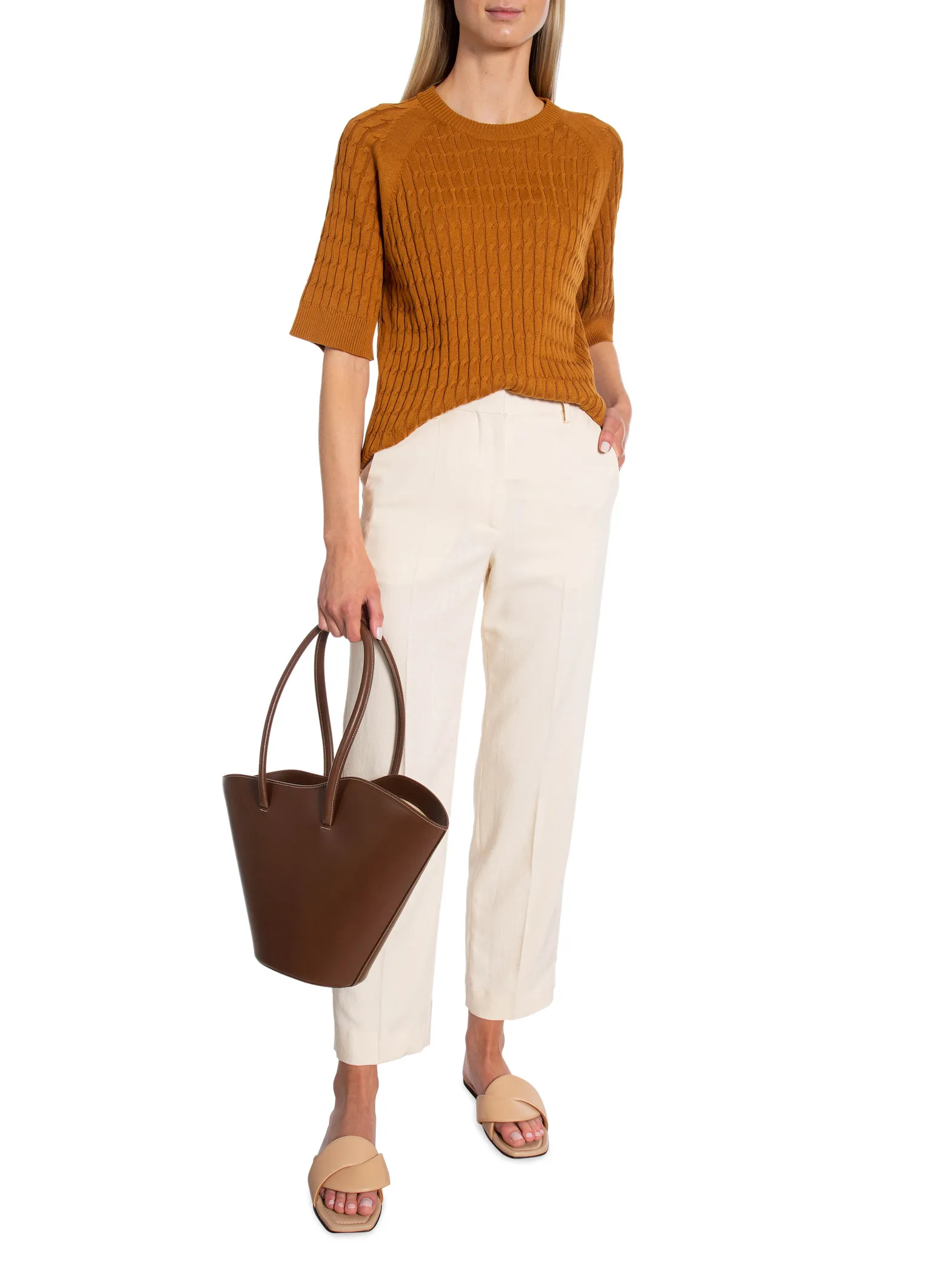 GANT TOP KNIT CABLE SS C-NECK CINNAMON BROWN