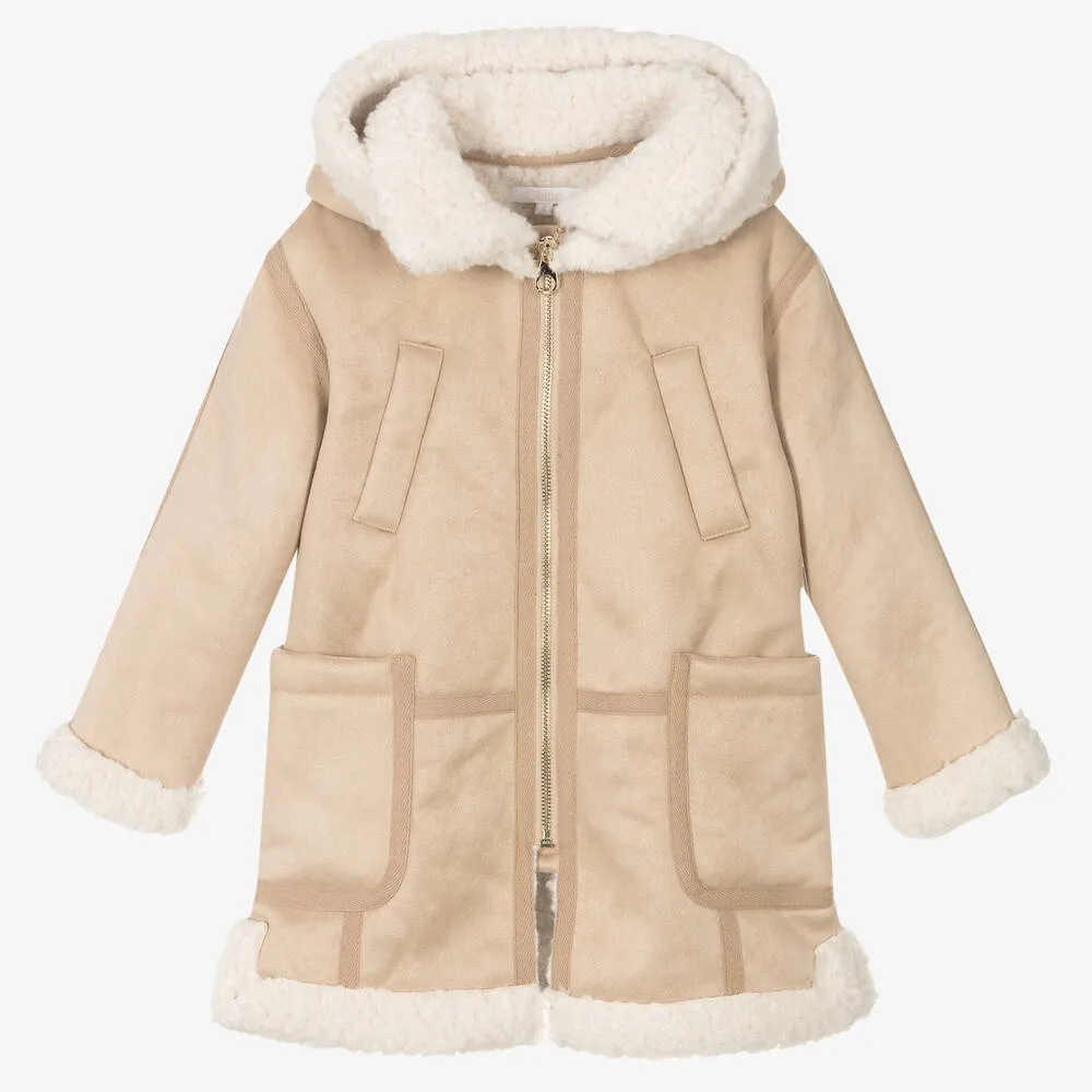 Girls Beige Faux Shearling Coat