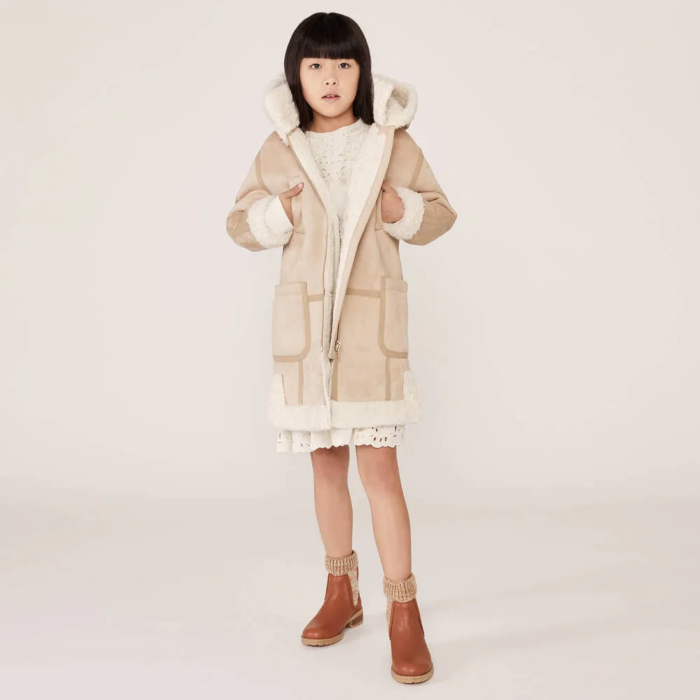 Girls Beige Faux Shearling Coat