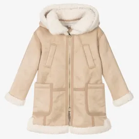 Girls Beige Faux Shearling Coat