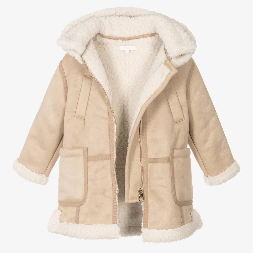 Girls Beige Faux Shearling Coat