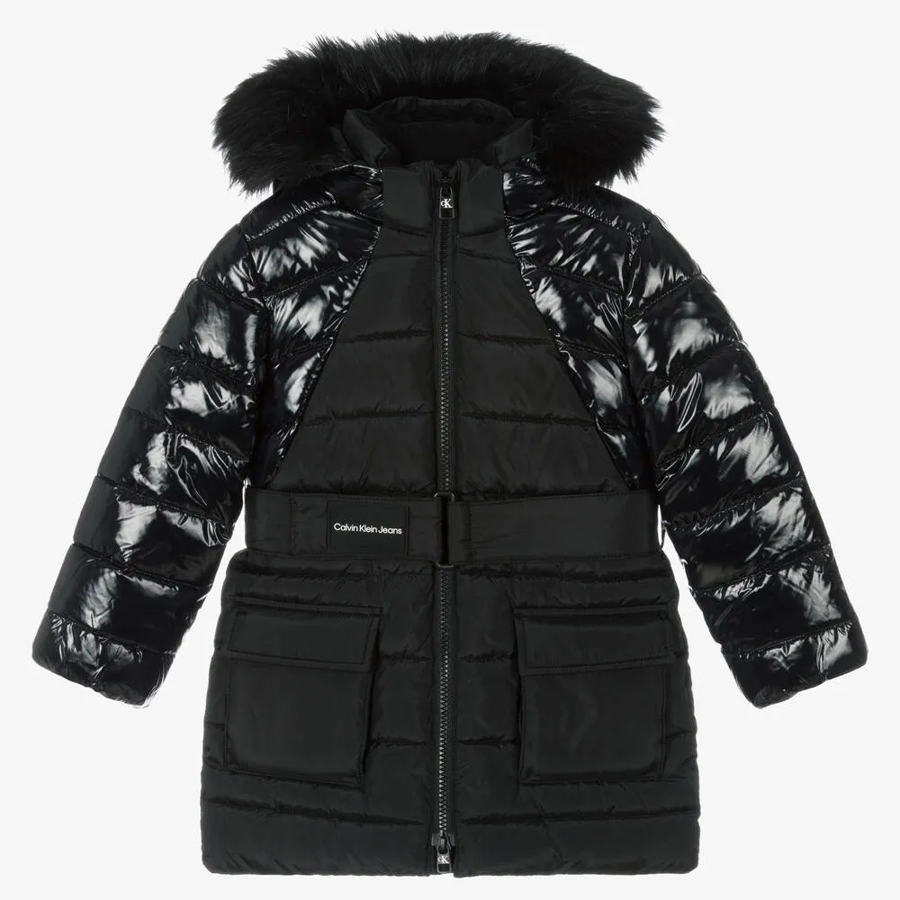 Girls Black Belted Puffer Coat