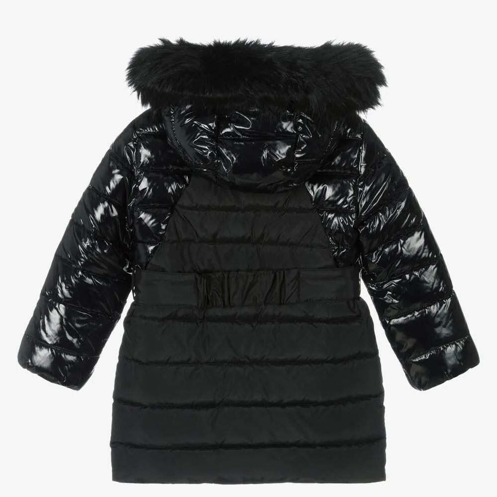 Girls Black Belted Puffer Coat