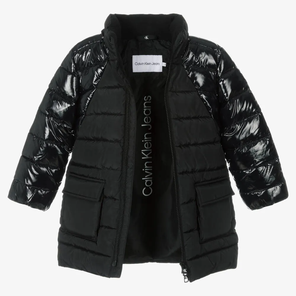 Girls Black Belted Puffer Coat