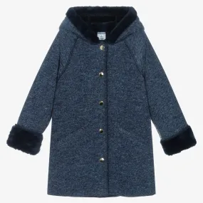 Girls Blue Fur-Trimmed Coat