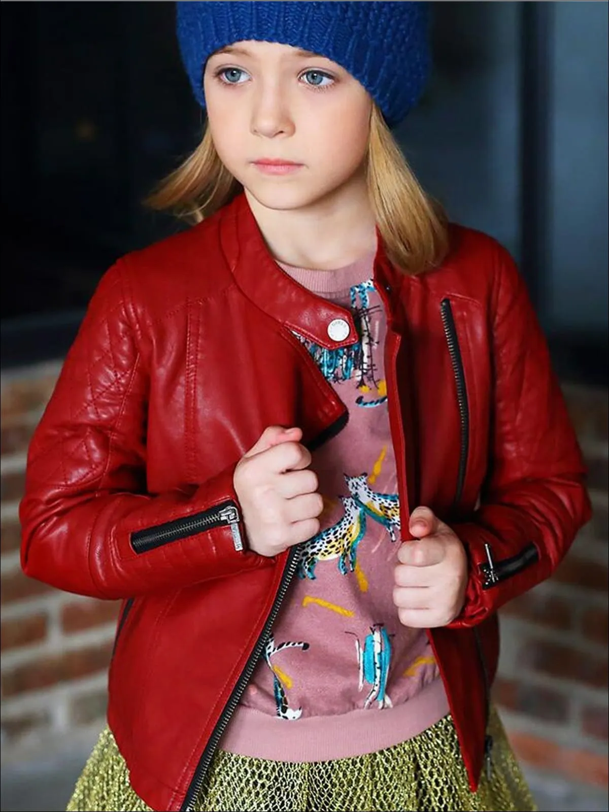 Girls Quilted Sleeve Synthetic Leather Moto Jacket