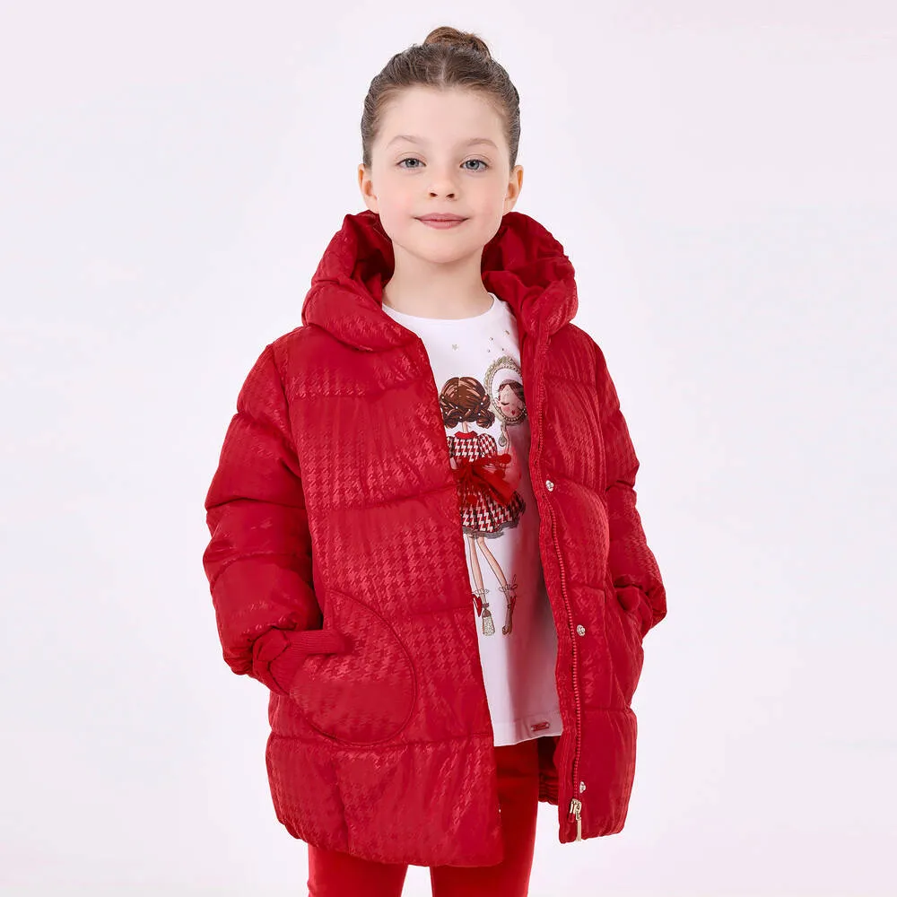 Girls Red Houndstooth Puffer Coat