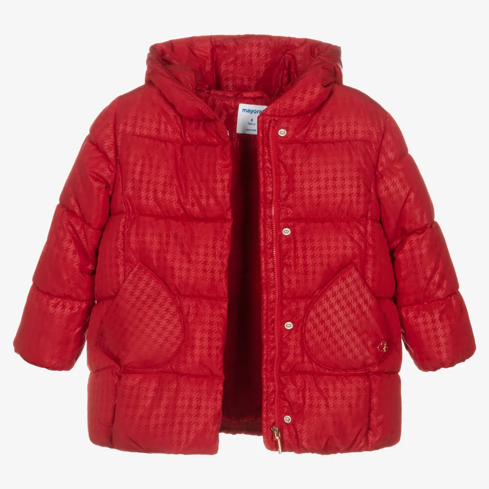 Girls Red Houndstooth Puffer Coat