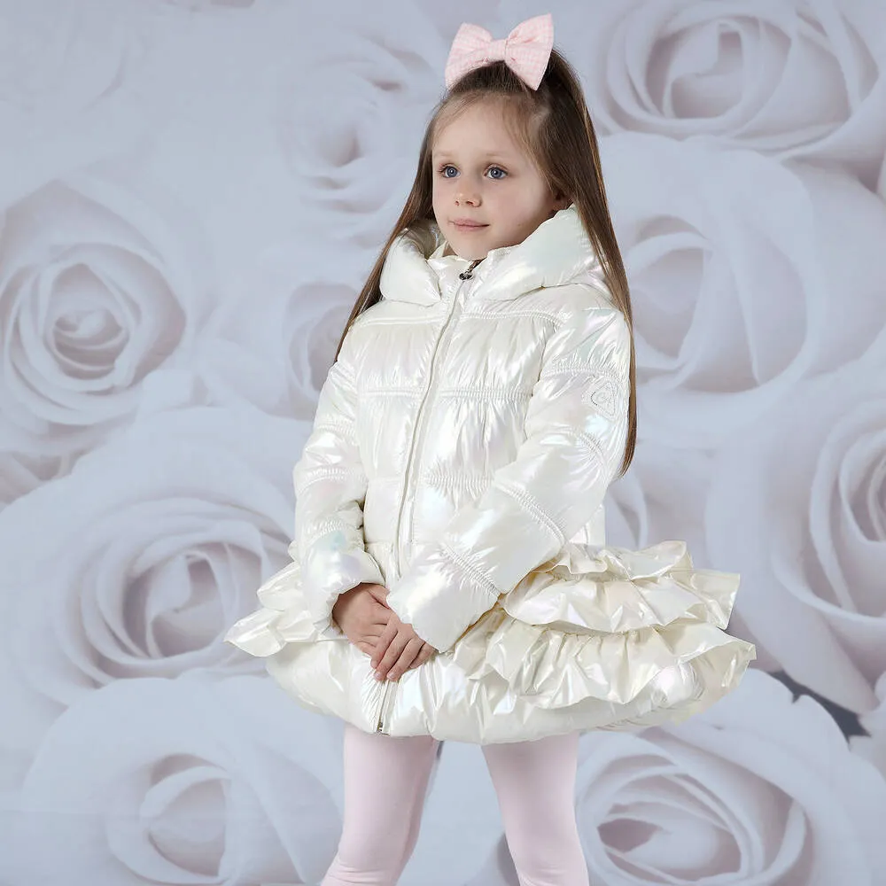 Girls White Iridescent Puffer Coat