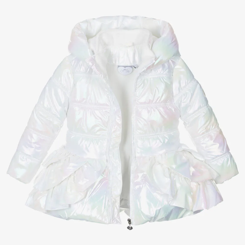 Girls White Iridescent Puffer Coat