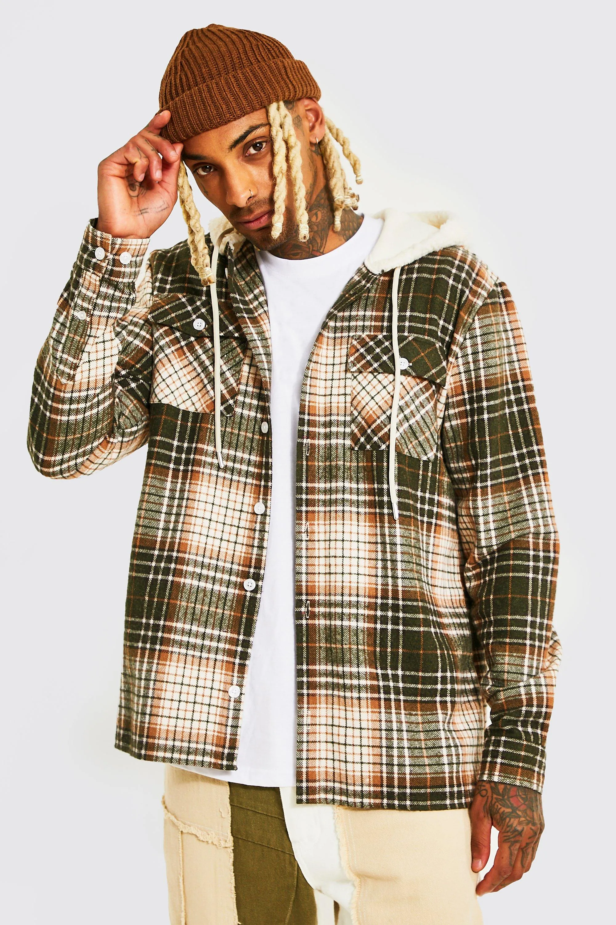 Heavyweight Check Overshirt With Borg Hood